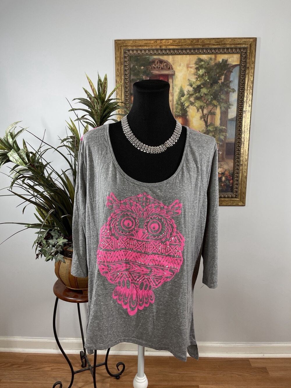 LA Teez 3X Gray Pink Owl Graphic Top Lace‎ Back Plus Size 3/4 Sleeve Shirt